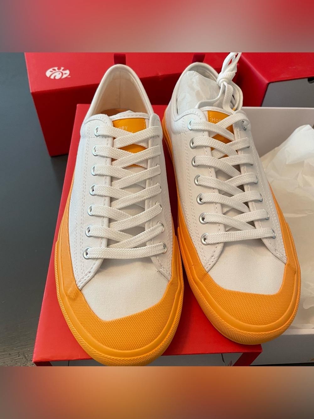 Chick fil a honey mustard shoes sauce 23 White & Orange Rare Canvas Sneakers